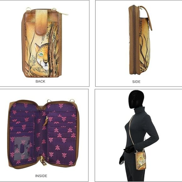 Anuschka Phone Case Wallet Genuine Leather Hand Painted Leopard RFID blocking - Picture 3 of 3